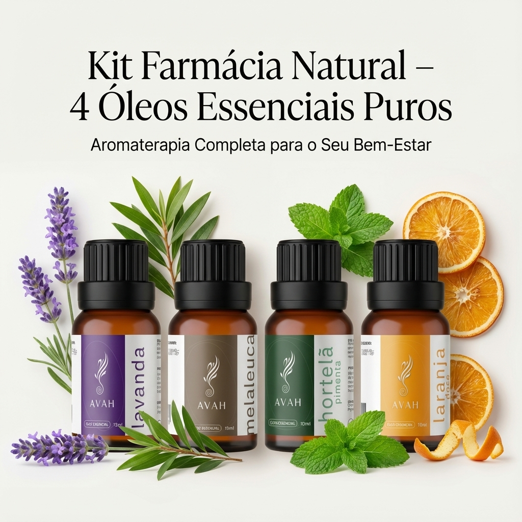 Kit Farmácia Natural com 4 Óleos Essenciais Puros | Lavanda, Melaleuca, Hortelã e Laranja | Aromaterapia Completa AVAH