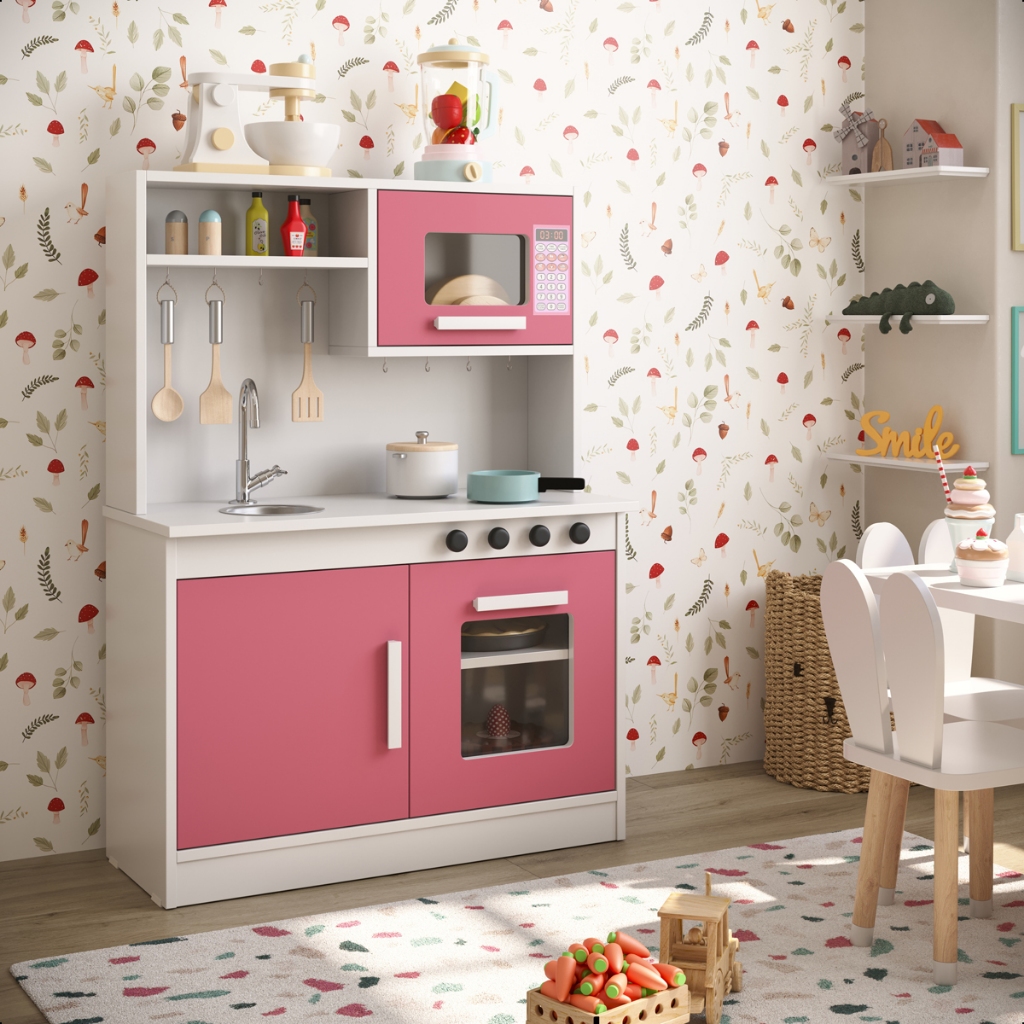Cozinha Infantil Barbi Rosa Com Portas, Pia e Cooktop e Microondas