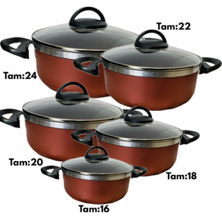 JOGO DE PANELA ANTI ADERENTE 5 PEÇAS COM TAMPA DE VIDRO, REFORÇADA, NÃO GRUDA, NÃO DESCASCA, CABO ANTITÉRMICO. em Oferta na Shopee