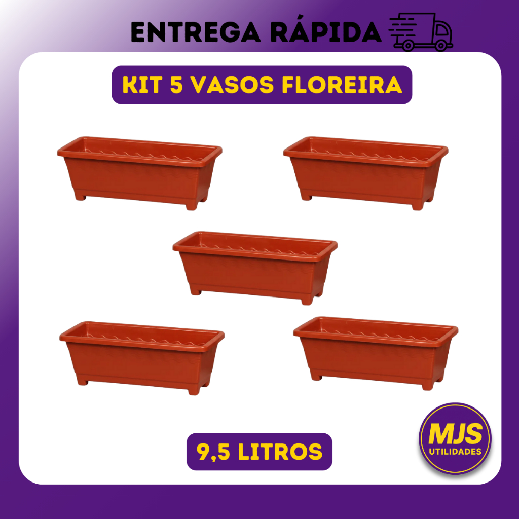 Kit 5 X Vaso Jardineira Floreira Grande 9,5 Litros Plástico Reforçado Decoração Plantar Flores Mudas