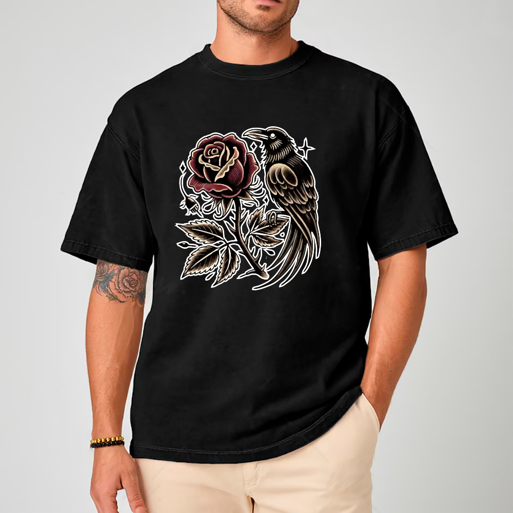 Camiseta Oversized Unissex Rosa & Corvo Rosa Vermelha 100% Algodão Streetwear Exclusiva Conforto