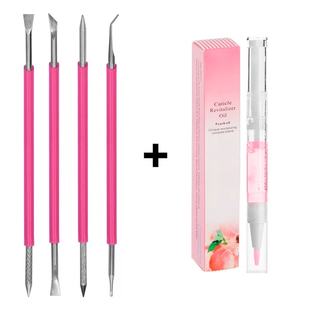 04 Instrumentos Inox Silicone Podologia Profissional Caneta Hidratante Cutículas Tratamento Premium