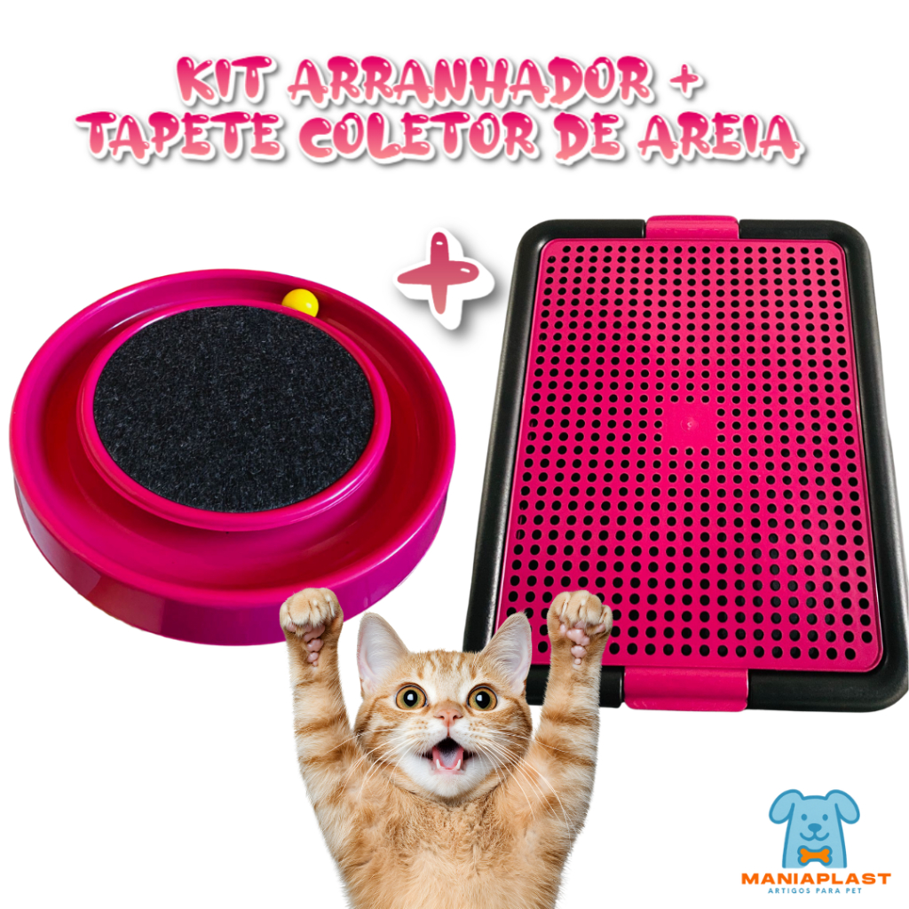 Kit Tapete Coletor de Areia Anti Sujeira + Arranhador Redondo Bolinha Brinquedo Interativo para Gatos