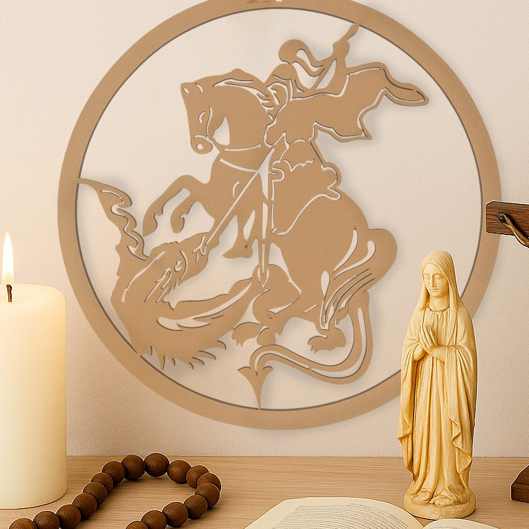 Quadro São Jorge em MDF Decoração Católica Parede Sala Quarto Oratório Presente 27 cm Religioso Fé Católica