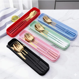 Jogo Talheres 3 Peças Colher Garfo Faca Aço Inox Dourado Estojo Viagem Mesa Jantar Elegan…