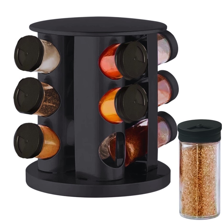 Porta Temperos Giratório Com 9 Potes De Vidro Canelado Tampa Dosadora Preto em Oferta na Shopee