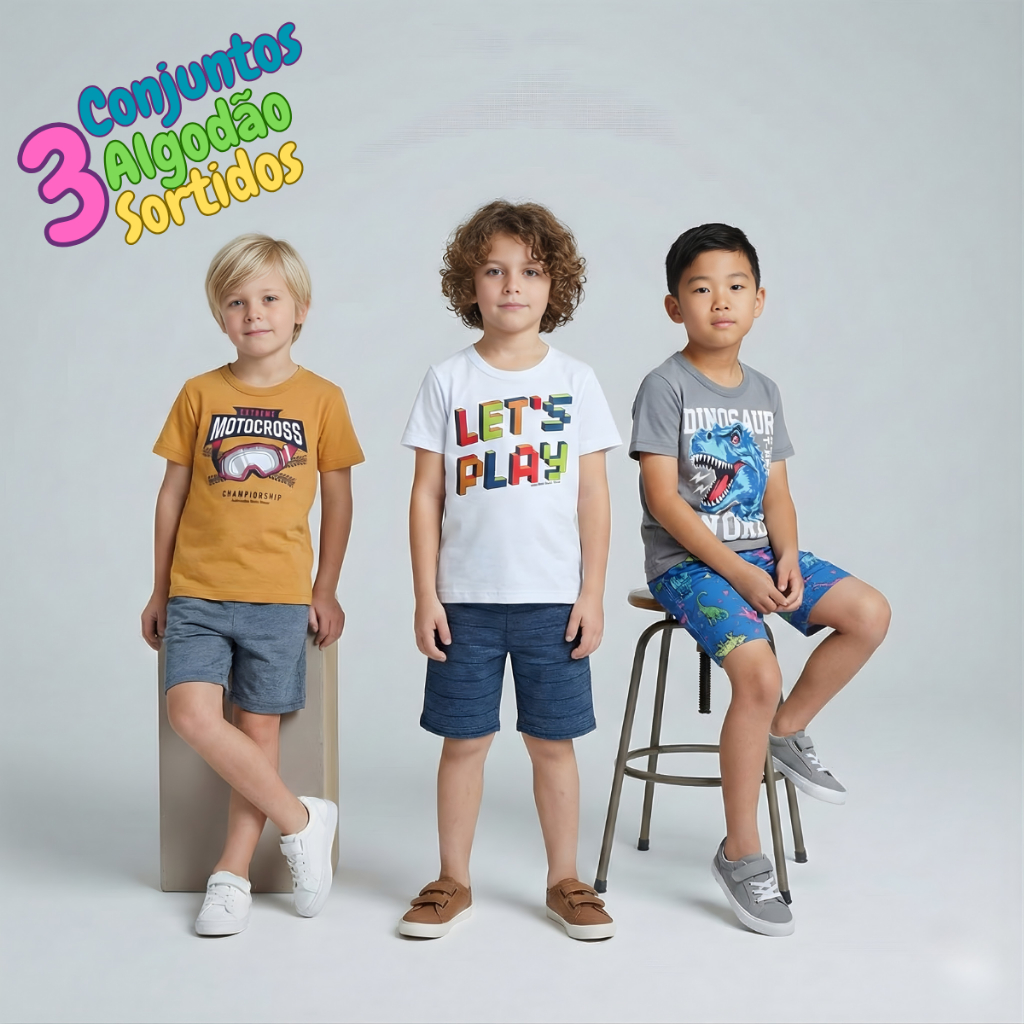 Kit 3 Conjuntos Masculino Infantil Camiseta e Short Dia a Dia Estampado Verão Algodão Alta Qualidade