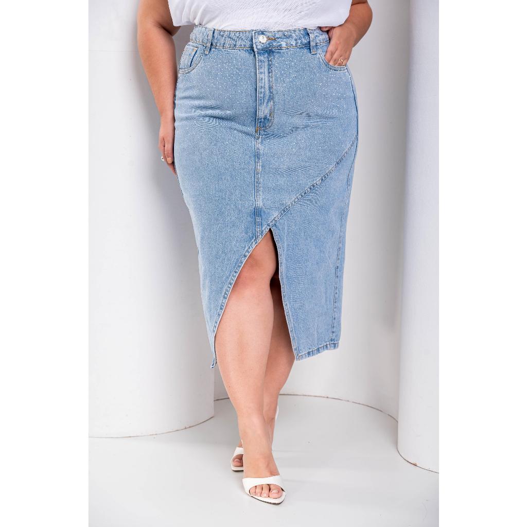 Saia Midi Plus Size Jeans Feminino Sem Lycra, Cintura Alta Detalhe De fenda Moda Evangelica Revesst. em Oferta na Shopee