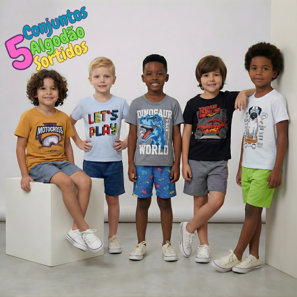 Kit 5 Conjuntos Infantil Menino Camiseta Short Dia a Dia Estampado Verão Algodão Alta Qualidade
