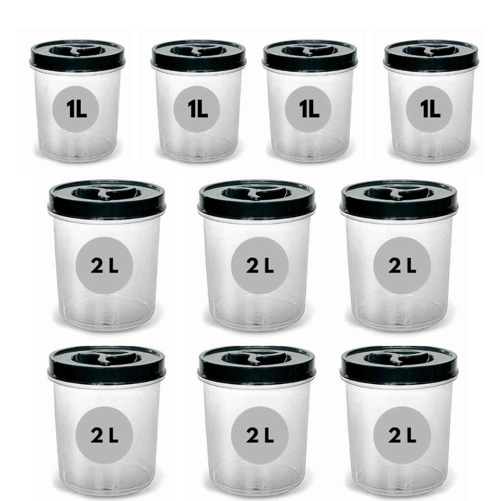 Jogo 10 Potes Redondo 6 De 2 Litros + 4 de 1 Litro Transparente Tampa Rosca Pote Mantimento BPA FREE