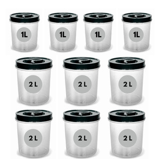 Jogo 10 Potes Redondo 6 De 2 Litros + 4 de 1 Litro Transparente Tampa Rosca Pote Mantimento BPA FREE