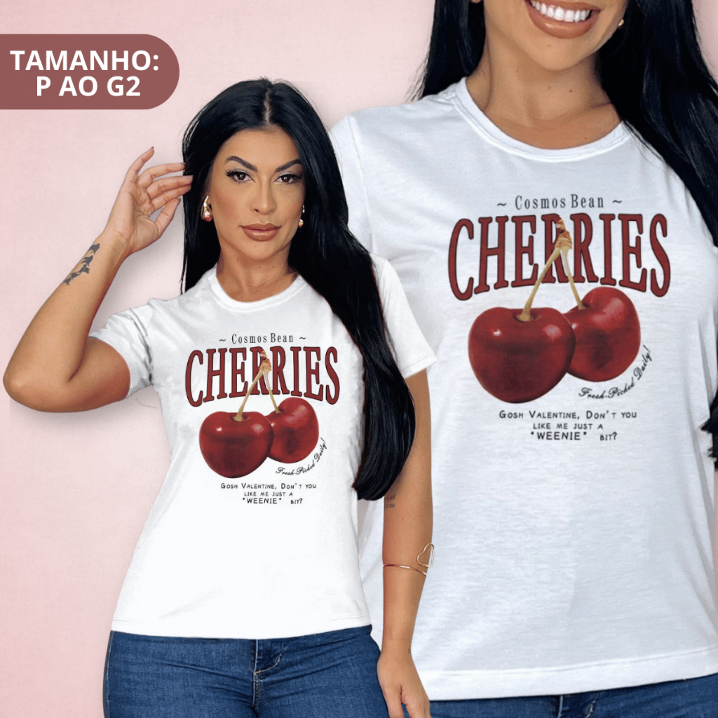 Tshirts Blusa Camiseta Feminina Tendência Cherry Cereja Polielastano em Oferta na Shopee