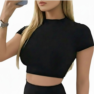 Blusinha Cropped Feminina Gola Alta Poliamida Tendência Verão em Oferta na Shopee