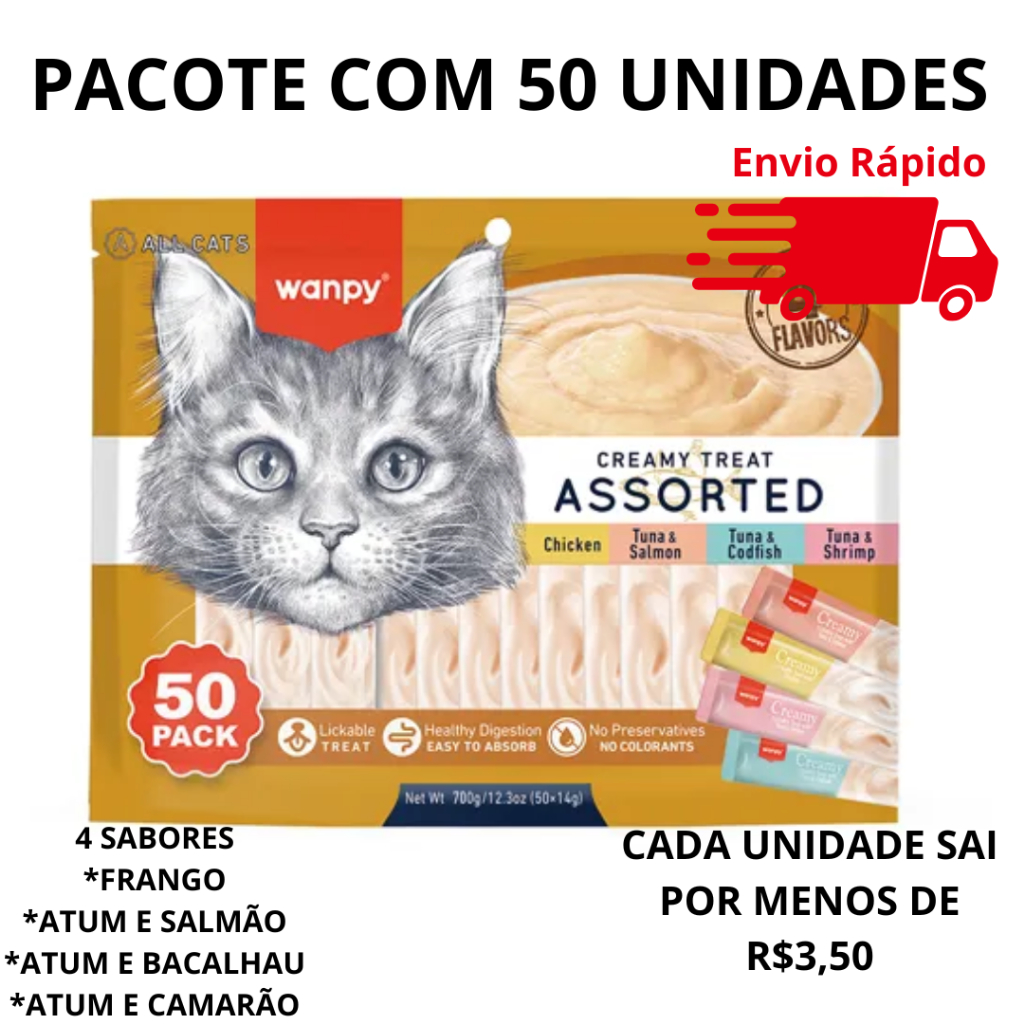 Petisco para gatos Wanpy Truly Creamy Sabores Sortidos Pacote 700g/350g com 50un ou 25un