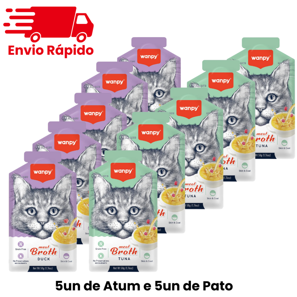 Kit Petisco Sopa Caldinhos Alimento Úmido Truly Wanpy para Gatos Sabor Pato/Atum/Salmão e Atum 50g