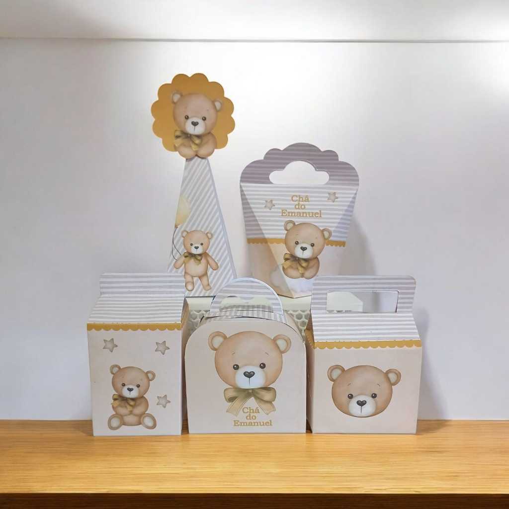 Kit Caixinhas Personalizada com nome  Chá de Bebê/ Revelação Ursinho Dourado Festa Lembrancinhas