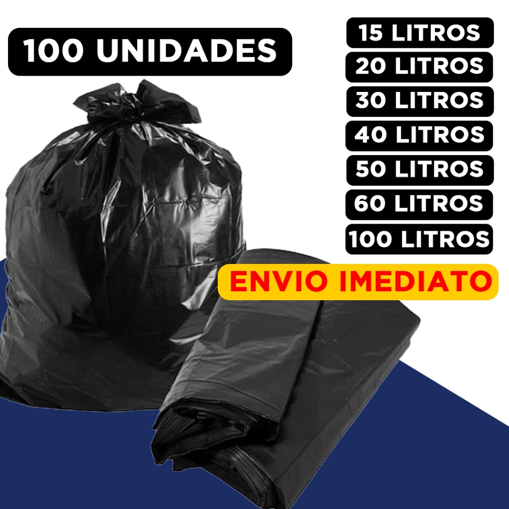 Saco de Lixo 100 unidades Resistentes - Tamanhos 15/20/30/40/50/60/100 Litros
