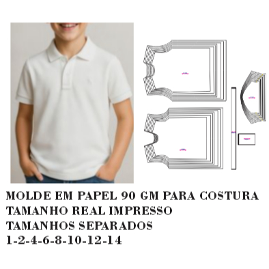 MOLDE ,MODELAGEM CAMISETA INFANTIL GOLA APOLO MANGA CURTA  IMPRESSO EM PAPEL 90 GM HSTZ-150-A