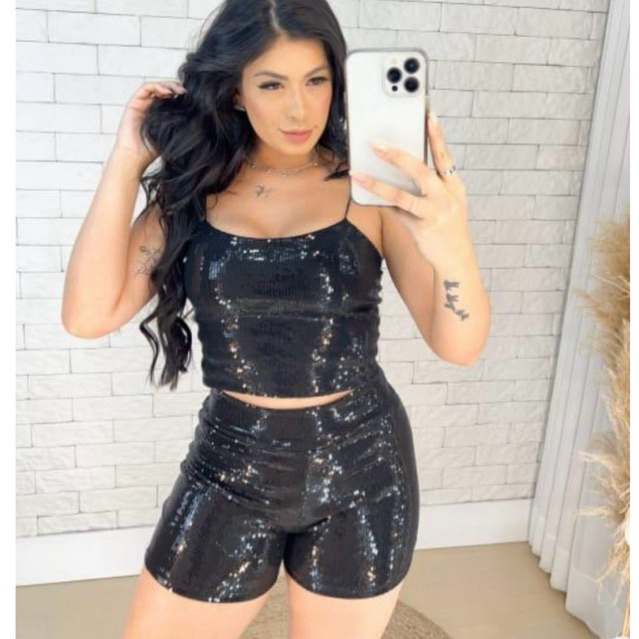 Conjunto Paetê Festa Moda Balada Preto em Oferta na Shopee