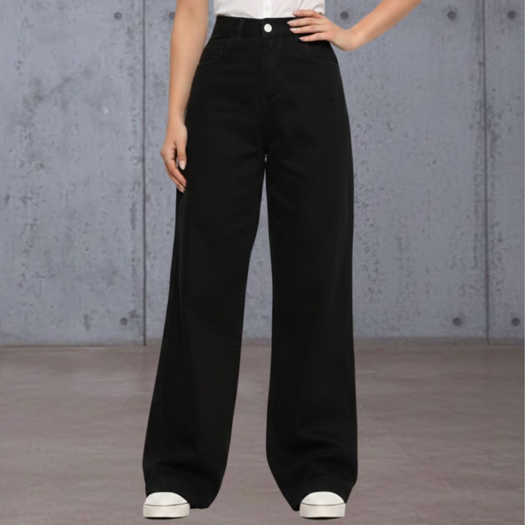Calça Jeans Feminina Wide Leg Cintura Alta Preta Pantalona  Boca Larga 100% Algodão Tecido Premium