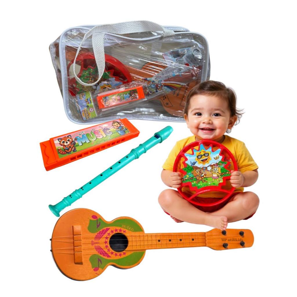 Bolsa Musical Infantil 4 Instrumentos Brinquedo Pandeiro Viola flauta Gaita Educativo Diversão
