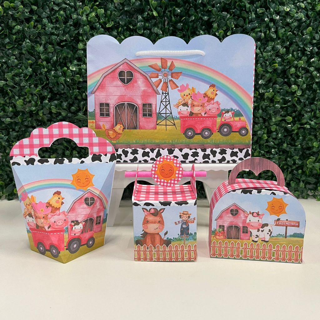 Kit de Caixas Personalizadas Fazendinha  Rosa Baby – Pegue e Monte Decoração de Festa lembrancinhas caixinhas para festa