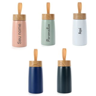 Mini Garrafa Inox 250 ml parede dupla personalizada tampa design bambu alça silicone lancheira/bolsa em Oferta na Shopee