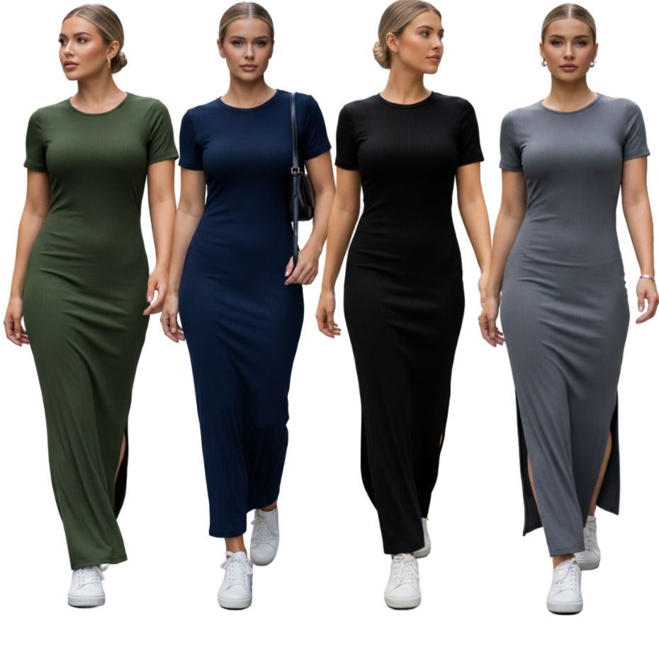 Vestido Para Casamento Feminino Longo Com Fenda Na Lateral Manga Curta Moda Casual
