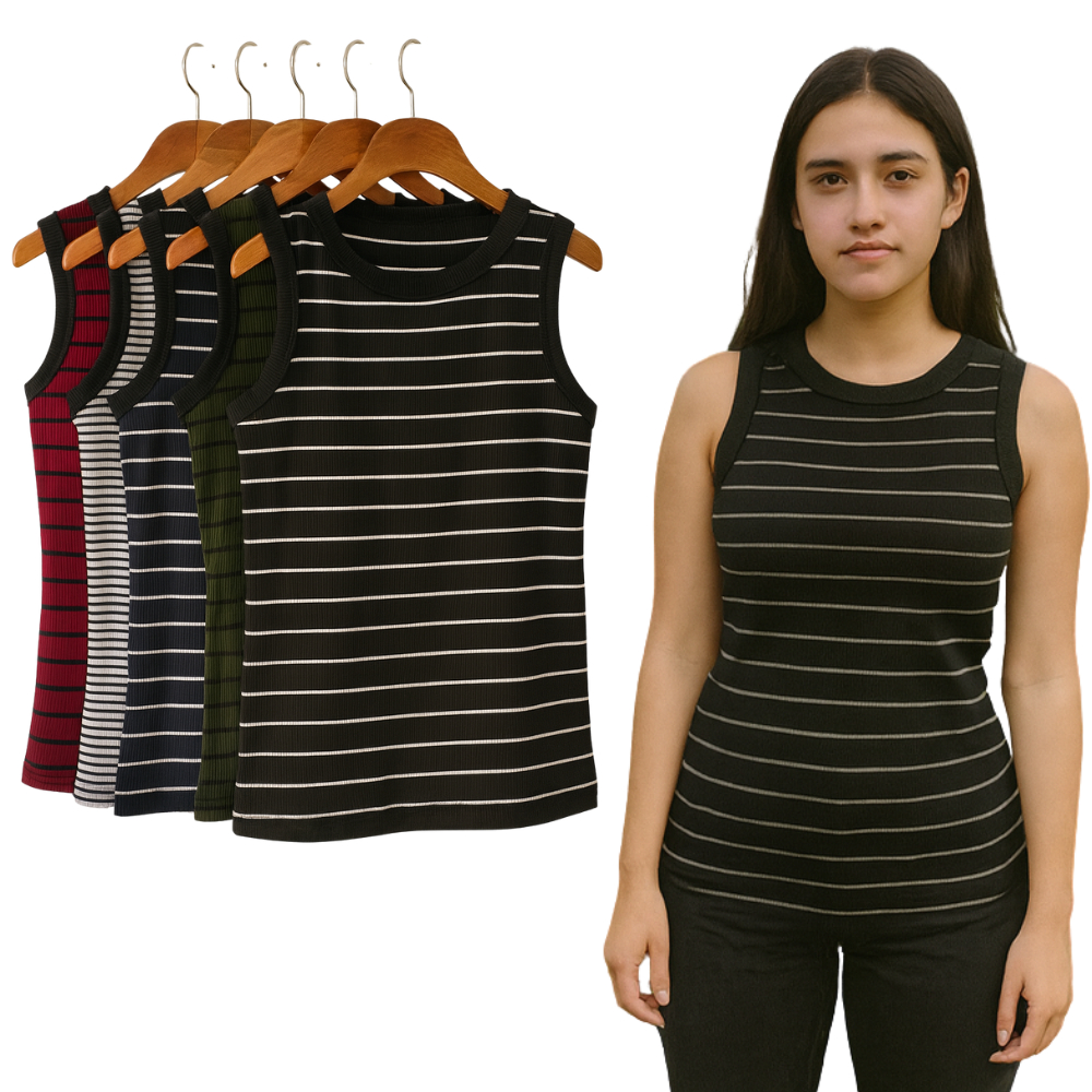 Kit 2 Regata feminina Listrada e Lisa algodão verão fresquinha blusinha canelada blogueira moderna camiseta sem manga