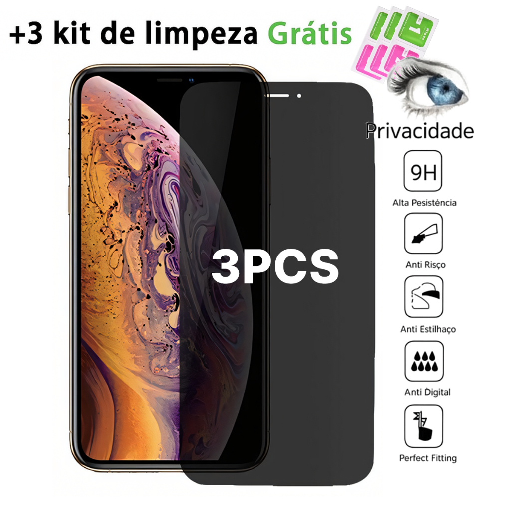 Kit 3 Películas Vidro Privativa Anti-Spy iPhone XS XR 11 12 13 14 15 16 Pro Max 9H 3D