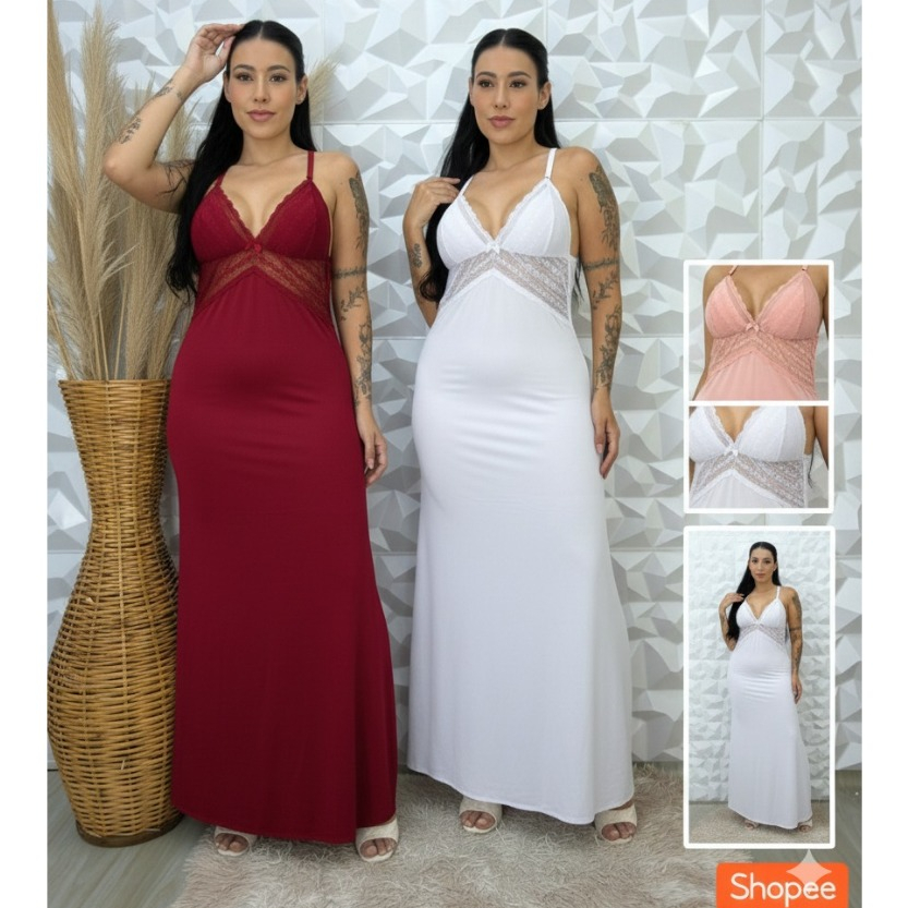 Camisola Feminina Longa Renda Lingerie sexy de dormir microfibra | Tecido Leve e Macio | Para Todas as Mulheres