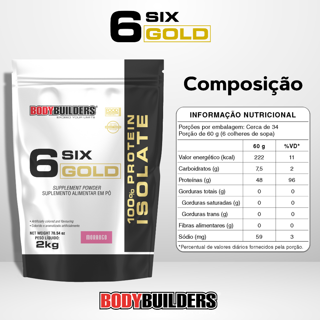 Detalhes do Kit 2x Whey Protein Isolado Six Gold 2kg 100% + Coqueteleira - Bodybuilders