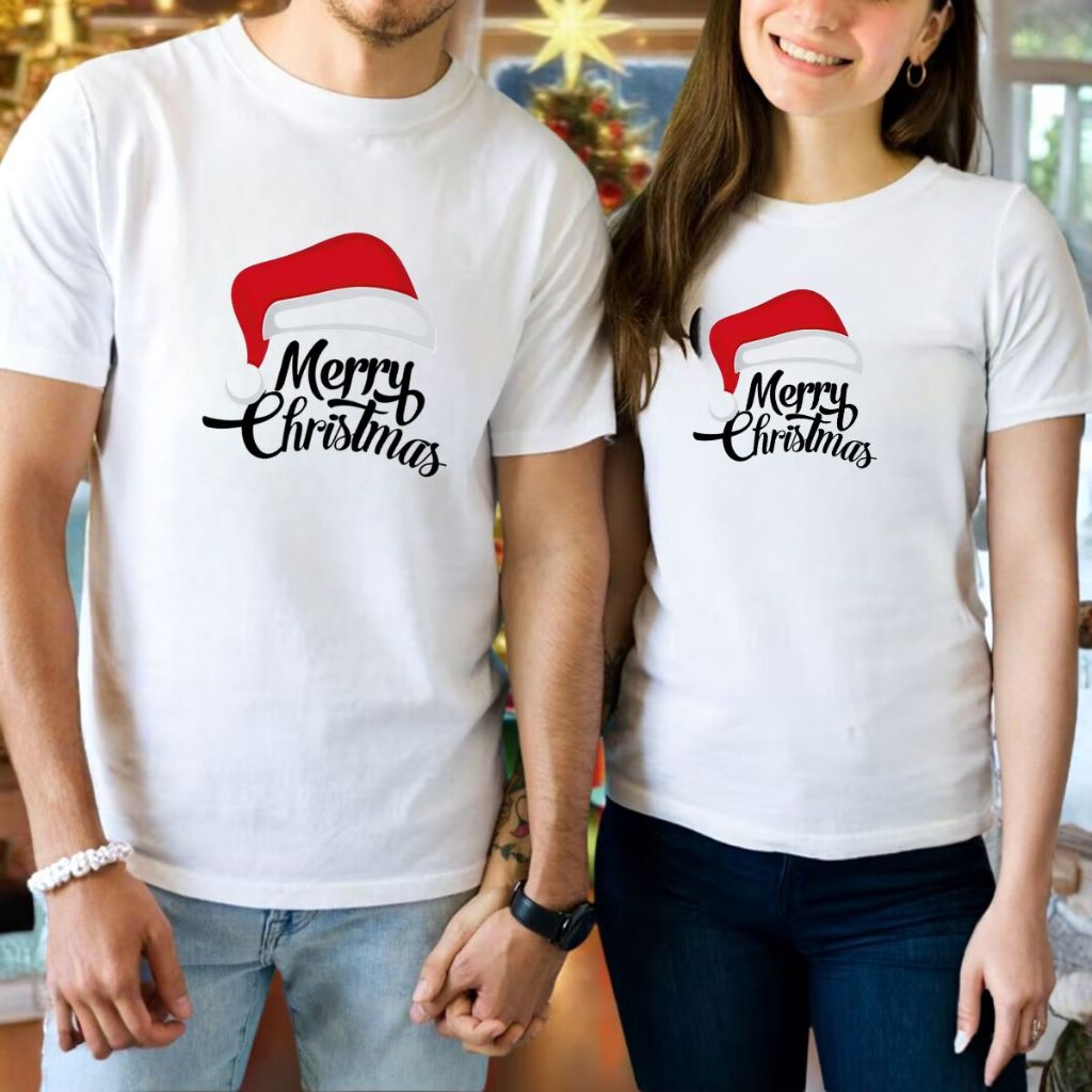 Conjunto Camiseta De Casal ou Amigos Kit 2 Slim Estampada Natalinas Merry Christmas