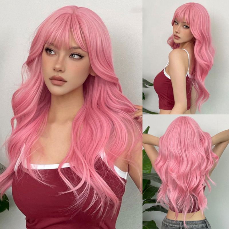 Peruca Rosa Milkshake Leve Ondulada 75cm Longa Sem e com Franja Cosplay Wig bio Orgânica em Oferta na Shopee