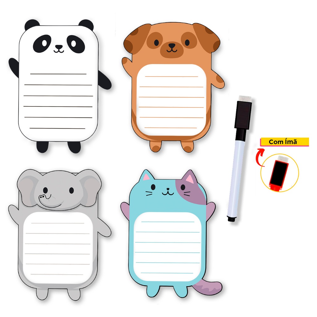 Imã de Geladeira Kit 4 imãs Animais Mini Lousa Magnética e Caneta que Escreve e Apaga Lista de Compras Anotações