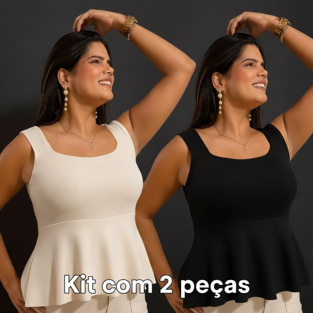 Kit 2 Blusas Tricot Bata Regata Feminina Modal Verão 2025 Realize Trico Rodadinha Com Babado Peplum