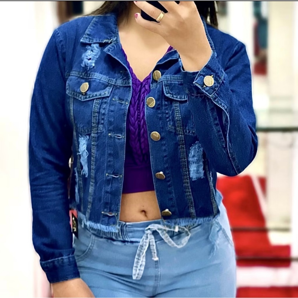 Jaqueta Jeans Feminina Bege Desfiada Linha Premium — imagem 2 de 2