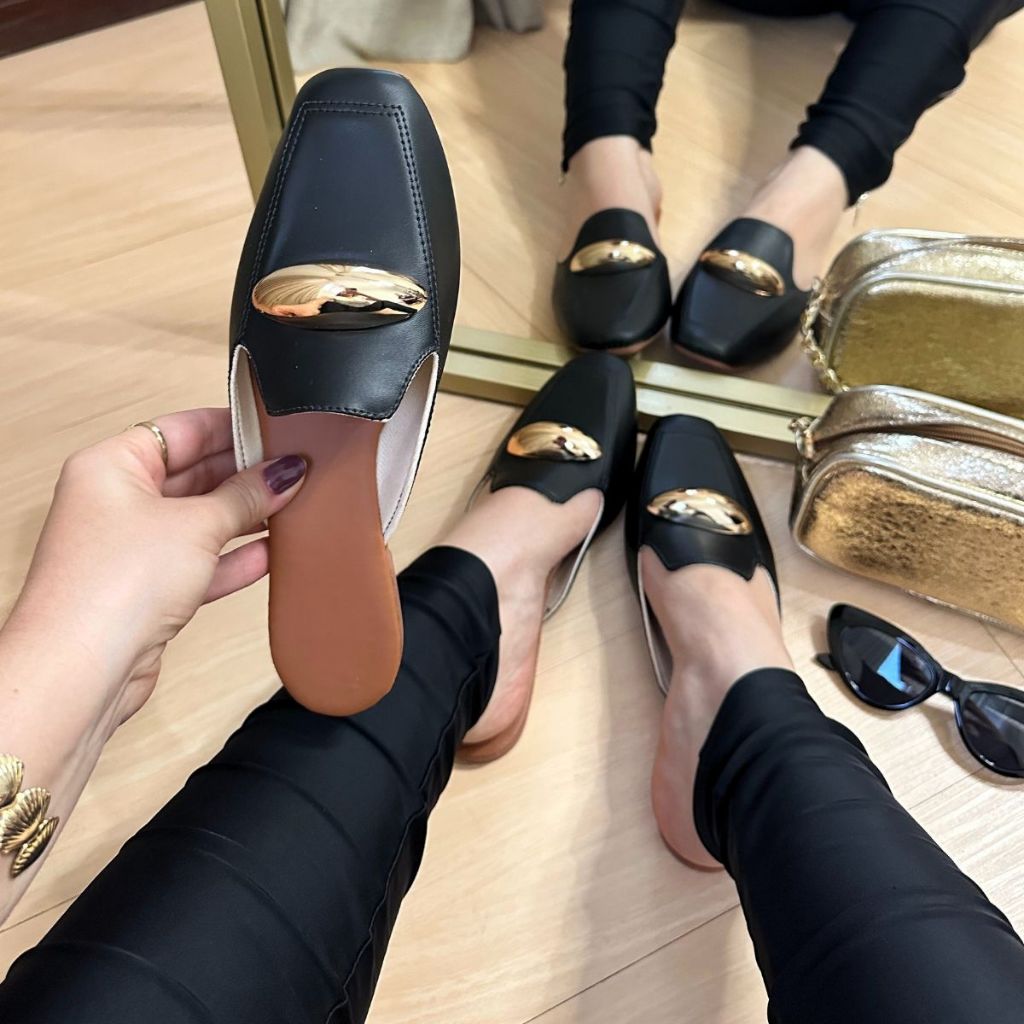 Mule Feminino Bico Quadrado Sapatilha Sapato Detalhe em Abs Muller Confortável Elegante