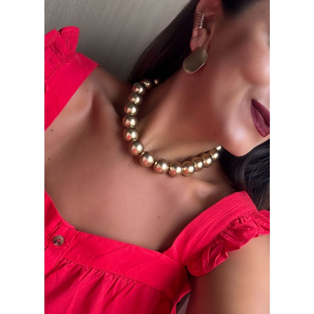 Colar de Bola Dourado Fosco Vintage Retrô em Oferta na Shopee