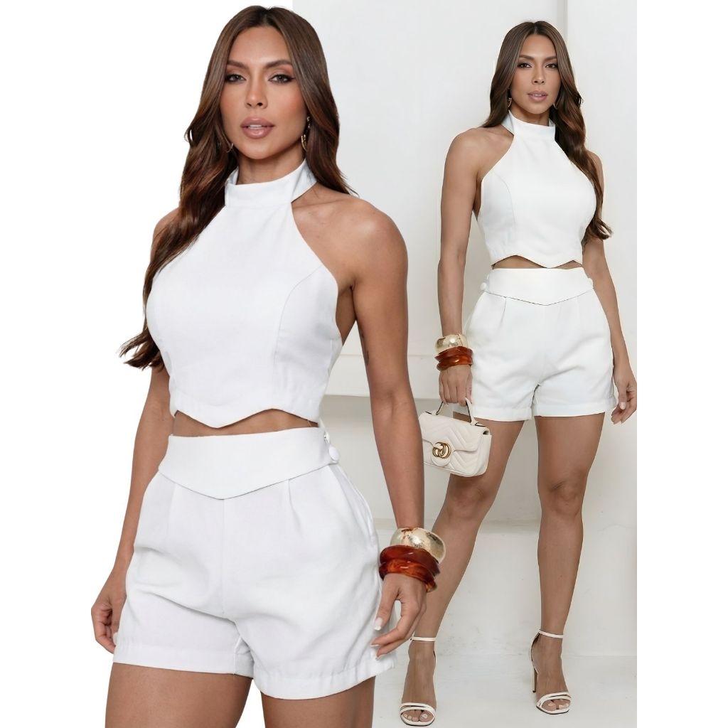 Conjunto Feminino Alfaiataria Cropped Assimétrico e Shorts