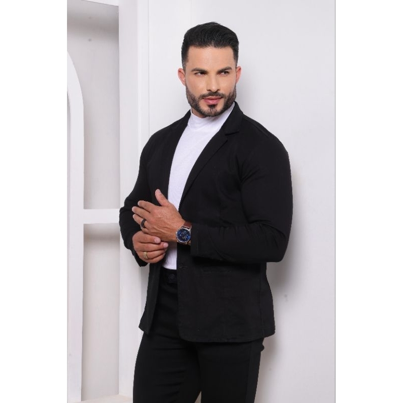 BLAZER PRETO MASCULINO SLIM FIT SARJA ACETINADA