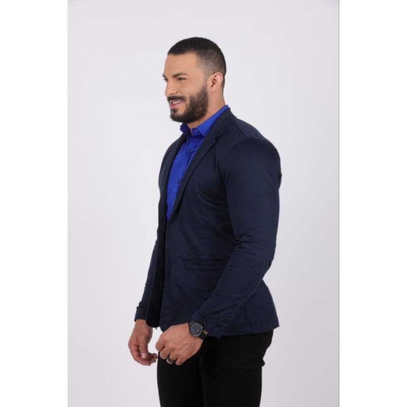 BLAZER AZUL ESCURO MASCULINO SLIM FIT SARJA ACETINADA