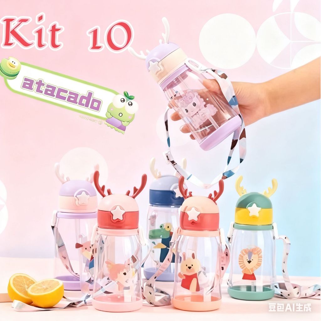 Kit 10 Garrafas Infantil Bebe com Tampa e Canudo e Alça 600ML Chifre