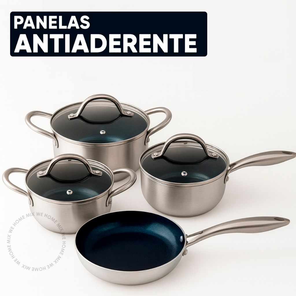 Imagem Jogo 4 Panelas de Indução Antiaderente Tampa de Vidro Alumínio Aço Inox Revestimento cerâmico