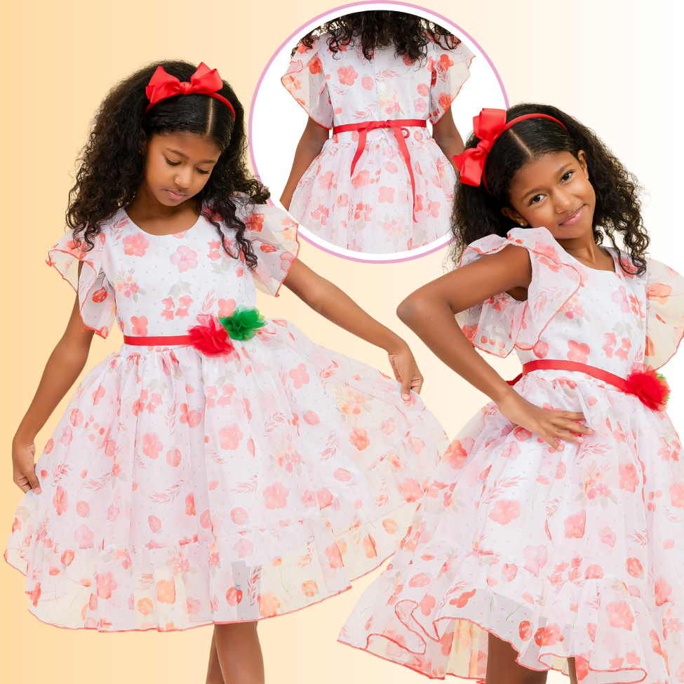 Vestido Infantil Luxuoso Estampado Fluido Chiffom Veu Delicado Perola Camadas Armado Menina Vermelho Rosas