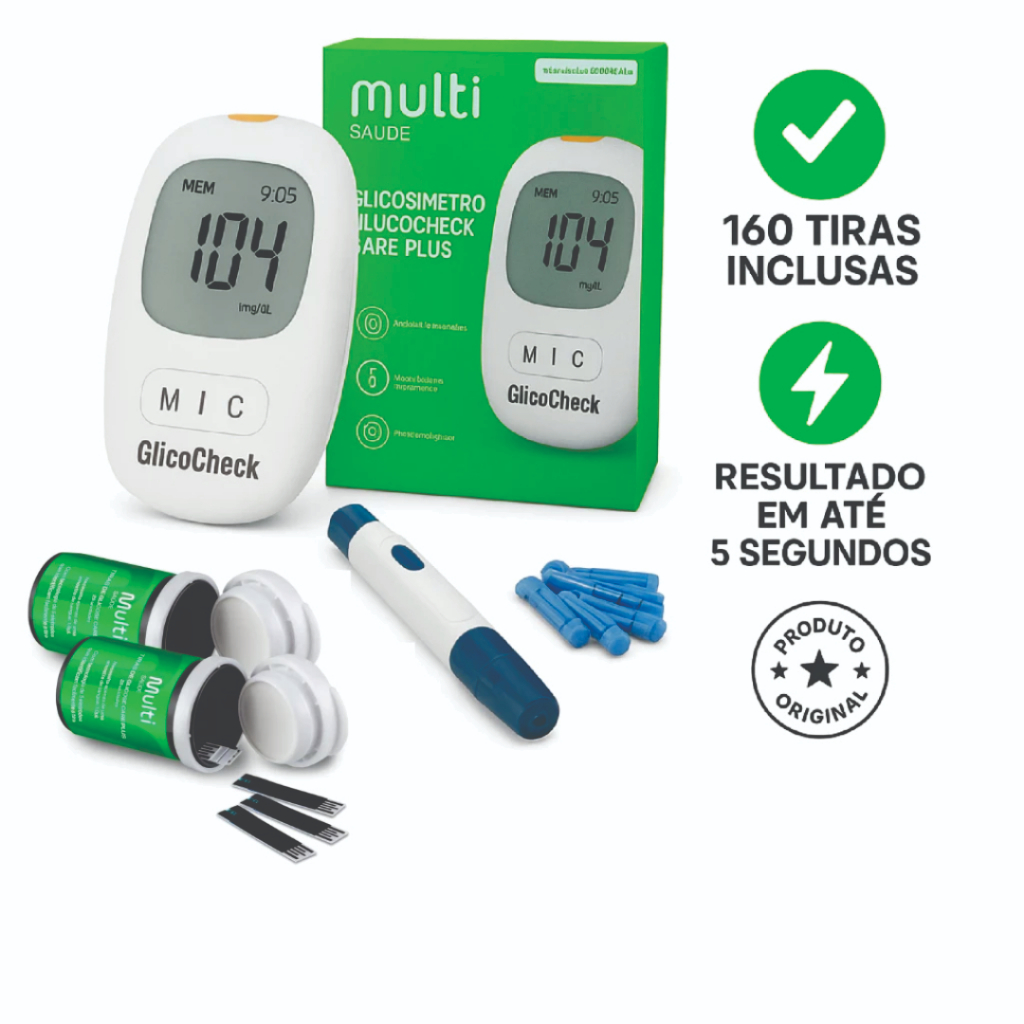 Kit medidor de Glicose Glicosímetro Glicocheck completo + 160 Tiras Multilaser – Medidor de Glicose Completo