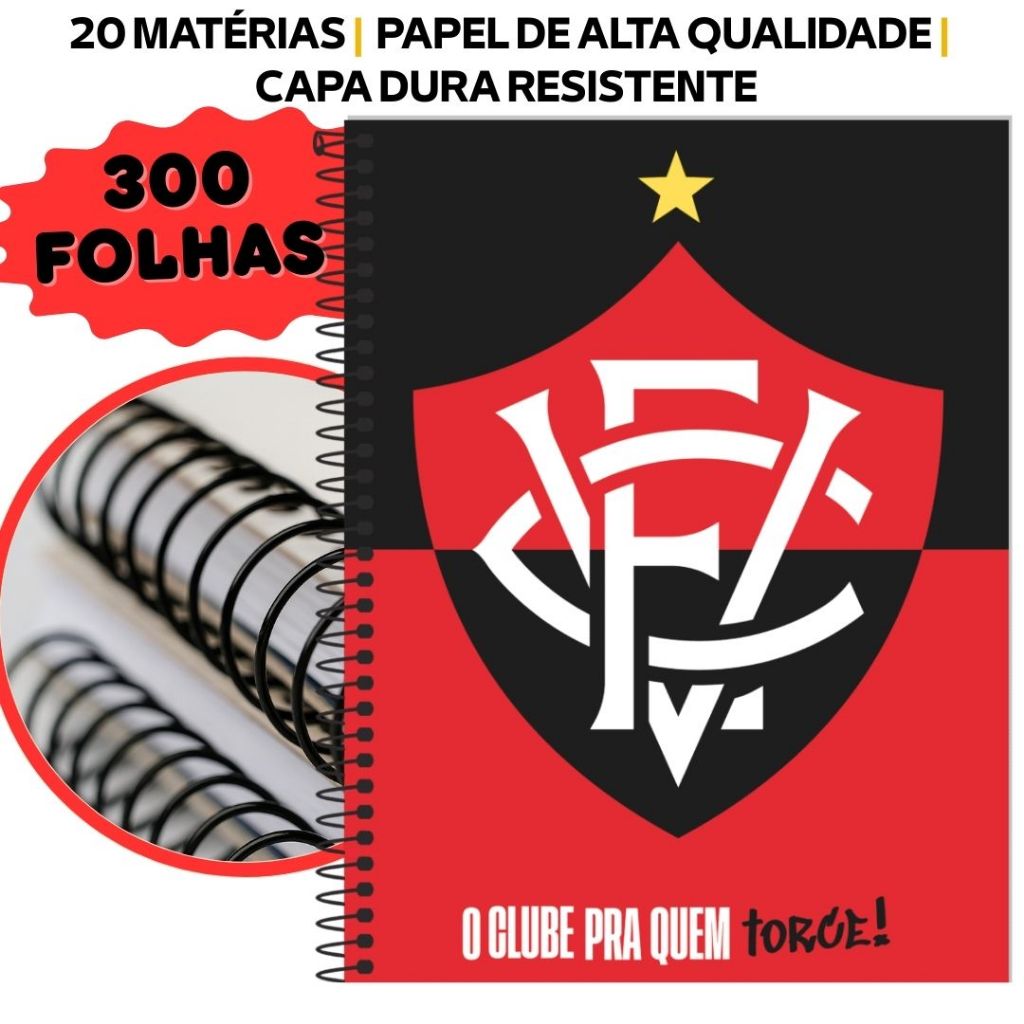 Caderno Vitória 20 Matérias Universitário Capa Dura Time Torcedor Brasileirão Copa do Nordeste 300 Folhas