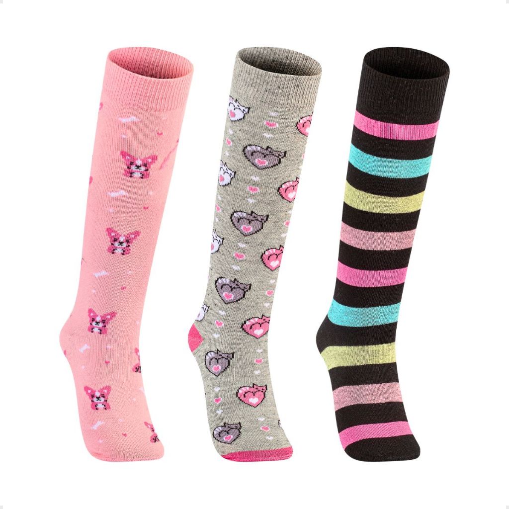 Kit 3 Pares Meia 3/4 Algodão Infantil Feminina Órtese Galocha Cano Alto Estampada Divertida