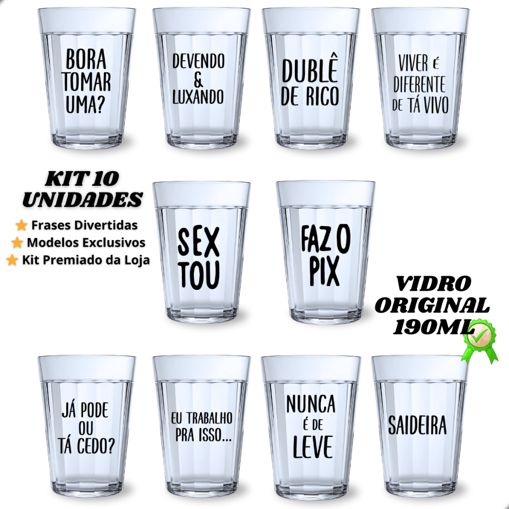 Kit 10 Copos Americanos 190ml Vidro Original Frases Divertidas Para Bar Restaurante