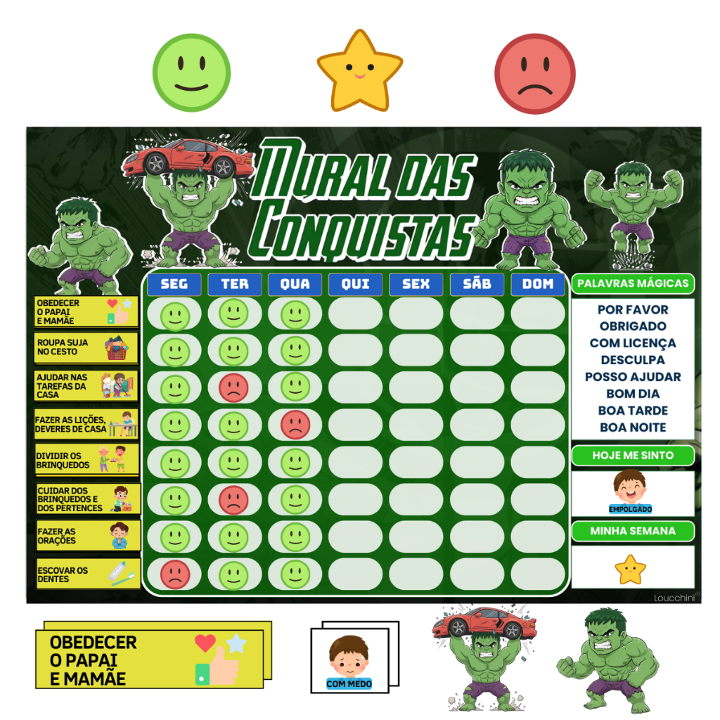 Mural Das Conquistas Infantil Com Tema Hulk– Rotina  E Tarefas diarias 30x22cm Para Geladeira